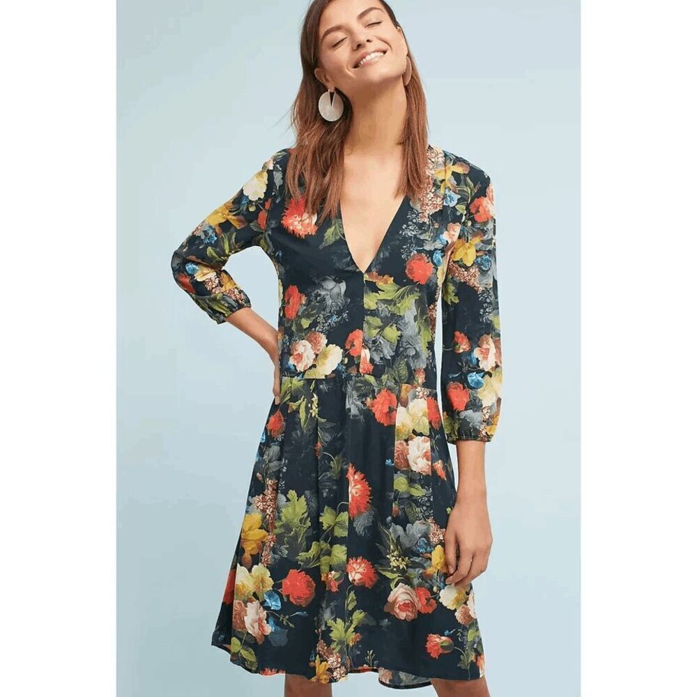 Anthropologie The Odells Floral 3/4 Sleeve Swing Mini Dress Women's Size Medium